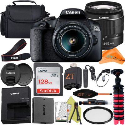 Canon EOS 2000D (Rebel T7) Digital SLR Camera 24.1MP Sensor with 18-55mm Lens + ZeeTech Accessory Bundle, SanDisk 128GB Memory Card, Case and Tripod. (Renewed)