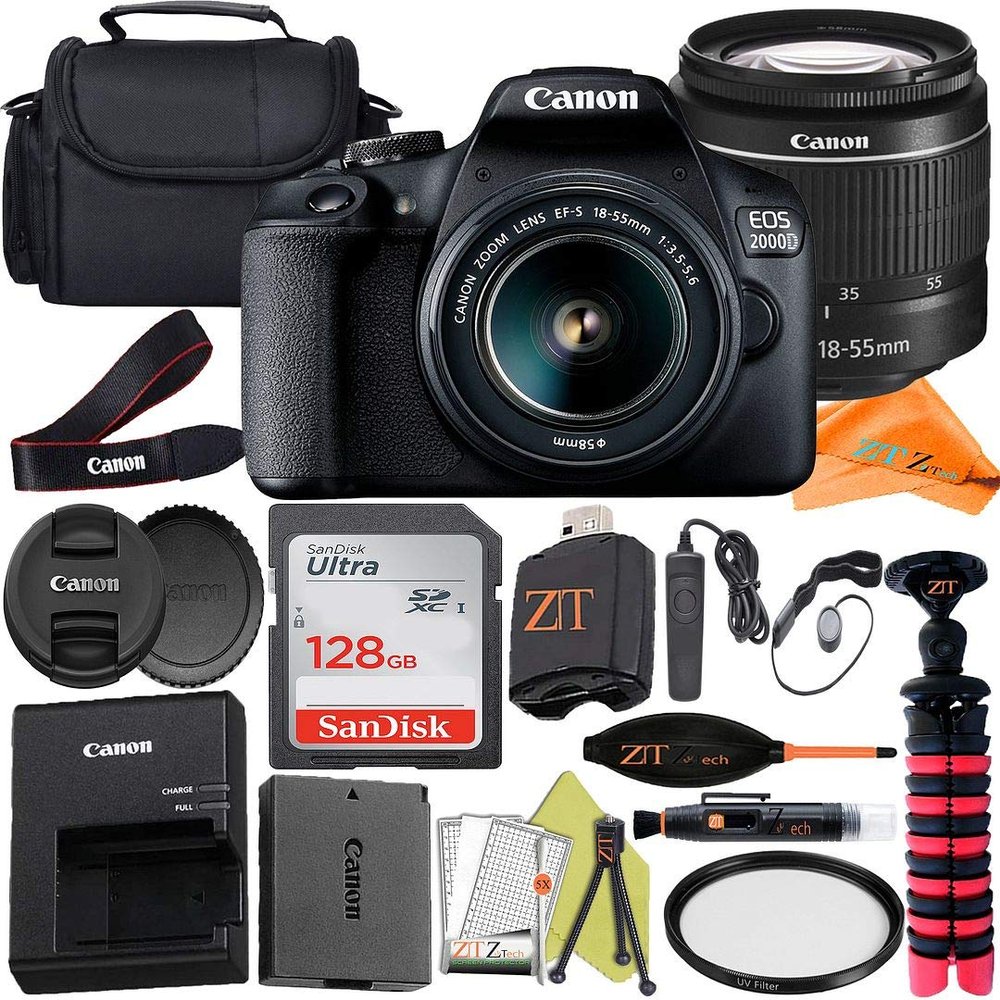 Canon EOS 2000D (Rebel T7) Digital SLR Camera 24.1MP Sensor with 18-55mm Lens + ZeeTech Accessory Bundle, SanDisk 128GB Memory Card, Case and Tripod. (Renewed)