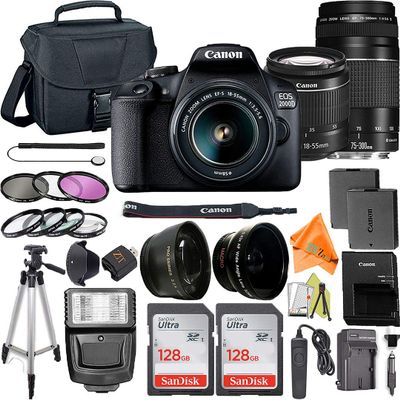 Canon EOS 2000D / Rebel T7 Digital SLR Camera 24.1MP with 18-55mm + 75-300mm Lens, ZeeTech Accessory Bundle, 2 Pack SanDisk 128GB Memory Card, Telephoto + Wideangle Lenses, Flash, Case (Renewed)