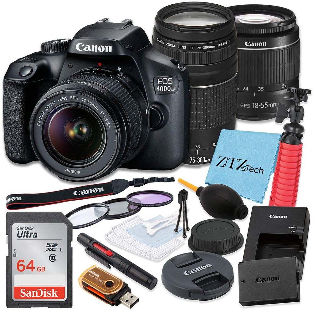 Canon EOS 4000D / Rebel T100 DSLR Camera with 18-55mm + 75-300mm Zoom Lens, SanDisk 64GB Memory Card, Tripod, 3 Pieces Filter (UV, CPL, FLD), ZeeTech Accessory Bundle (Renewed)