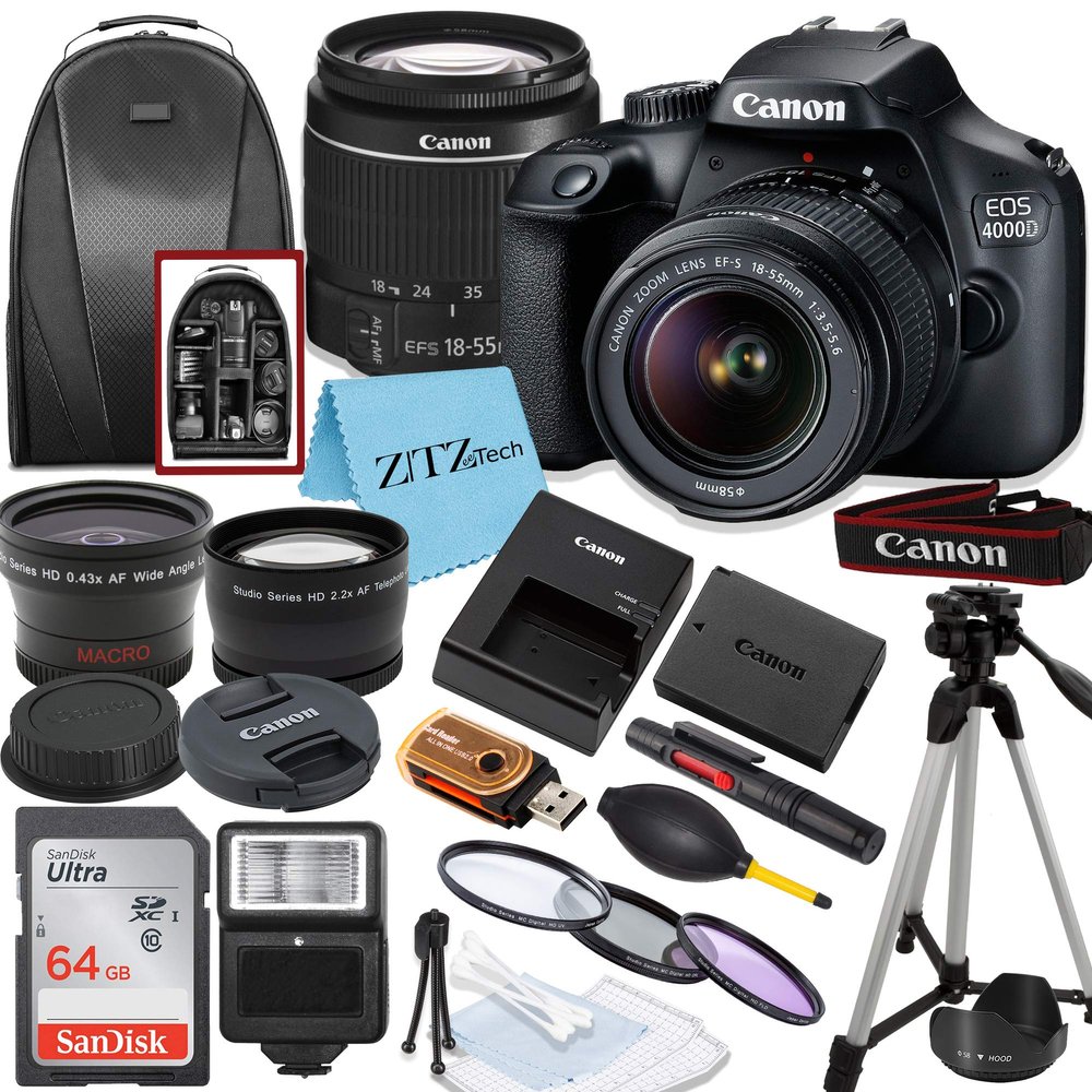 Canon EOS T100/4000D DSLR Camera with EF-S 18-55mm Lens, SanDisk Memory Card, Tripod, Flash, Backpack + ZeeTech Accessory Bundle (Canon 18-55mm, SanDisk 64GB) (Renewed)