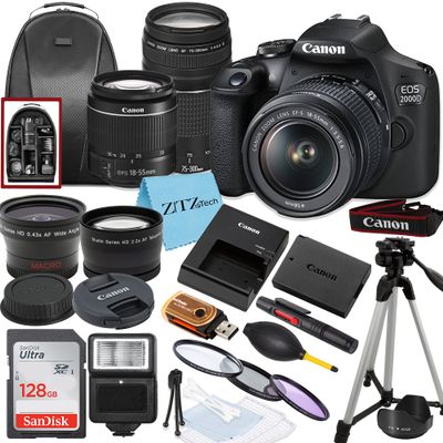 Canon EOS 2000D / Rebel T7 DSLR Camera with EF-S 18-55mm + EF 75-300mm Daul Lens + SanDisk 128GB Memory Card + Tripod + Case + Wideangle Lenses + ZeeTech Accessory Bundle (21pc Bundle) (Renewed)