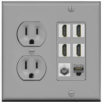 RiteAV 4 Port HDMI 1 Coax Cable TV- F-Type 1 Cat5E Ethernet Wall Plate - Round Outlet [Gray/Gray]