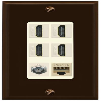 RiteAV 4 Port HDMI 1 Coax Cable TV- F-Type 1 Cat5E Ethernet Wall Plate - 1 Gang [Brown/Light-Almond]