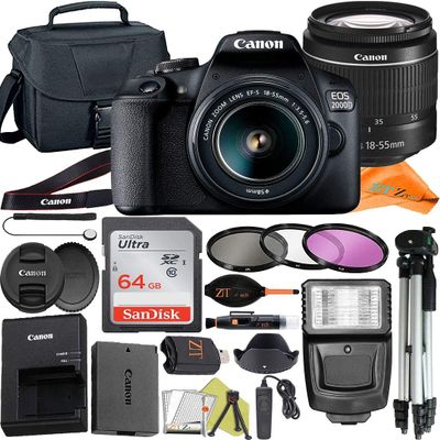 Canon EOS 2000D / Rebel T7 Digital SLR Camera 24.1MP with EF-S 18-55mm f/3.5-5.6 Lens + ZeeTech Accessory Bundle, SanDisk 64GB Memory Card, Wire Remote Control, Case and Flash (Renewed)