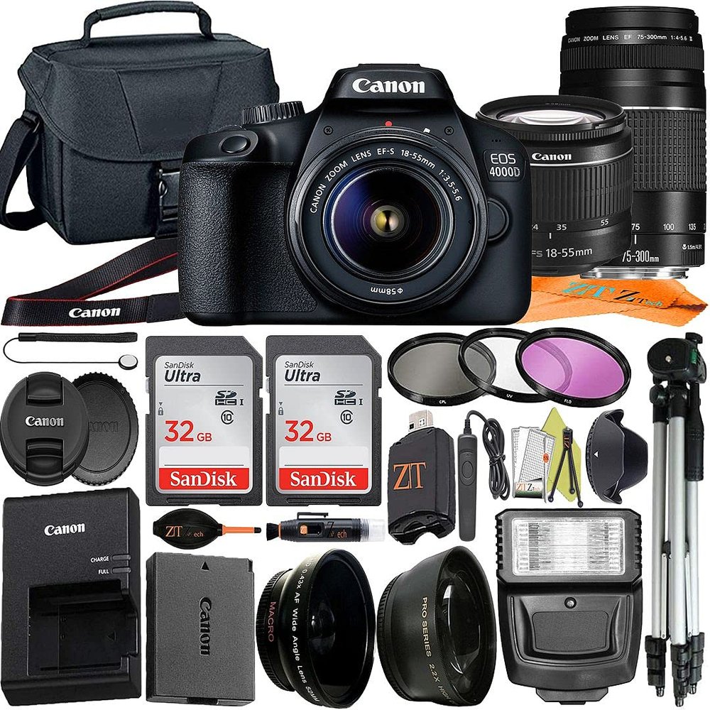 Canon EOS 4000D / Rebel T100 DSLR Camera 18-55mm & 75-300mm Dual Lens + ZeeTech Accessory Bundle with 2 Pack SanDisk 32GB Memory Card, Bag Case, Tripod and Slave Flash Light (Renewed)