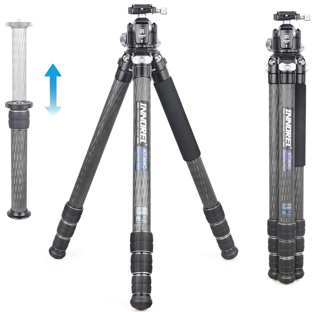 INNOREL 10-Layer Carbon Fiber Compact Tripod KT364C Professional 36mm Tube Heavy Duty Camera Stand for Digital DSLR Video Camcorder with 52mm Low Profile Panoramic Ballhead Center Column Load 30kg