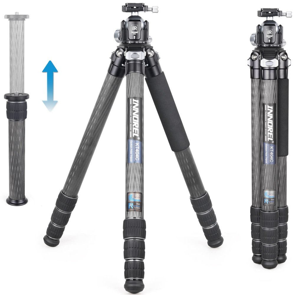 INNOREL 10-Layer Carbon Fiber Compact Tripod KT404C Professional 40mm Tube Heavy Duty Camera Stand for Digital DSLR Video Camcorder with 52mm Low Profile Panoramic Ballhead Center Column Load 30kg