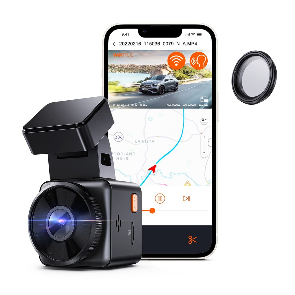 Bundle: Vantrue E1 Lite 1080P WiFi Mini Dash Cam + CPLantrue E1 Lite 1080P WiFi Mini Dash Cam with GPS and Speed, Free App, Voice Control Detachable Dash Camera, 24 Hours Parking Mode, Night Vision