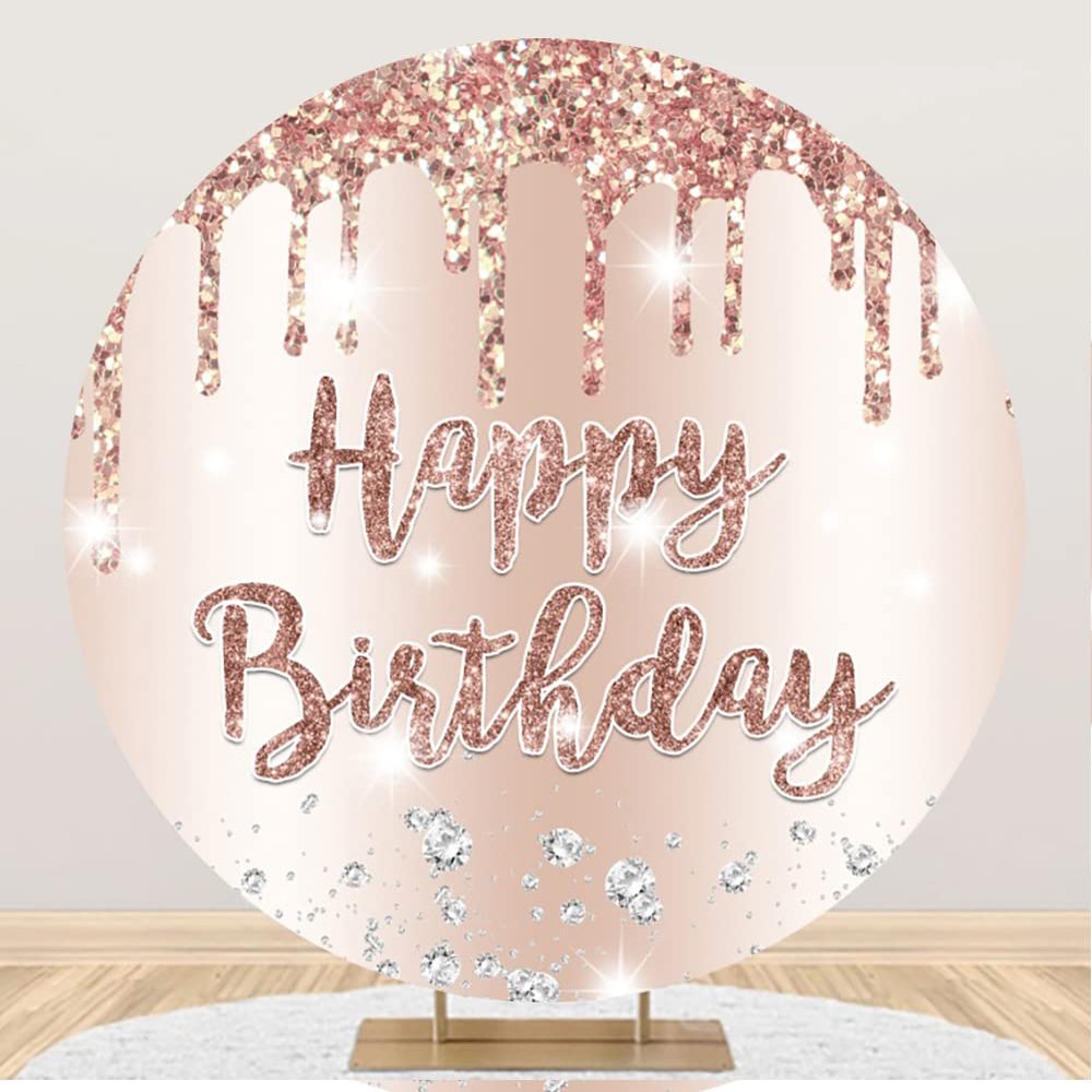 Yeele 6x6ft Rose Gold Happy Birthday Round Backdrop Dripping Glitter Shiny Diamonds Pink Photography Background for Women Sweet Girls Birthday Party Banner Cake Table Supplies Photo Studio Props