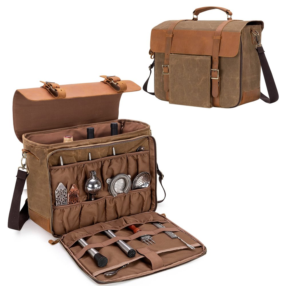 LoDrid Portable Leather Waxed Vintage Bartender Bag for Bar Kits, Bag Only