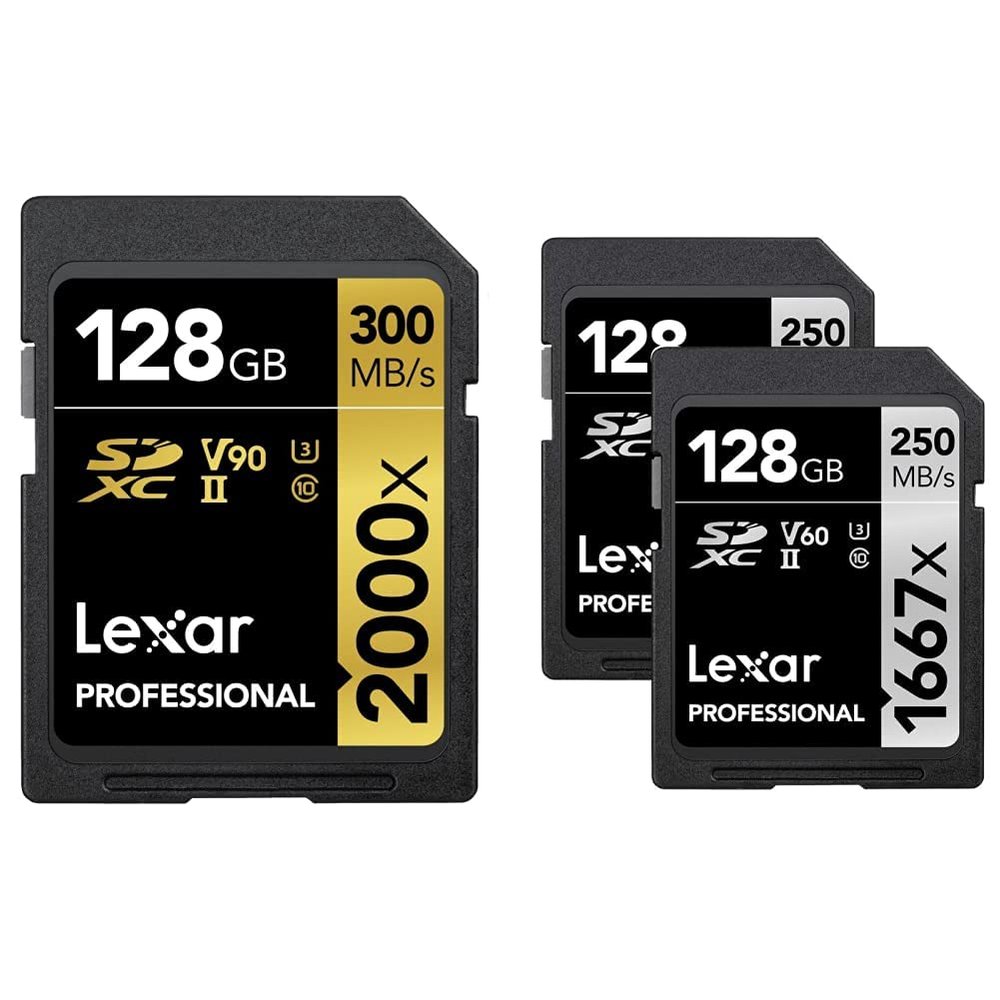Lexar Professional 2000x 128GB SDXC UHS-II Card, Up to 300MB/s Read, for DSLR, Cinema-Quality Video Cameras & Professional 1667x 128GB (2-Pack) SDXC UHS-II Cards, Up to 250MB/s Read