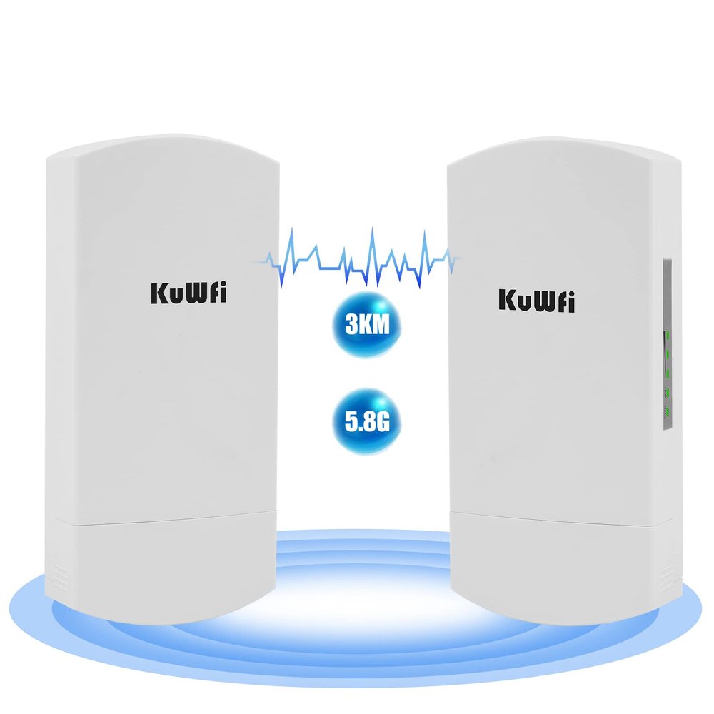 Outdoor Wireless Bridge, KuWFi 5.8G 3KM Transmission WiFi Point to Point Wireless Ethernet Bridge Router, with 3 RJ45 LAN Ports, Pre-Program, 48V PoE, 2-Packs