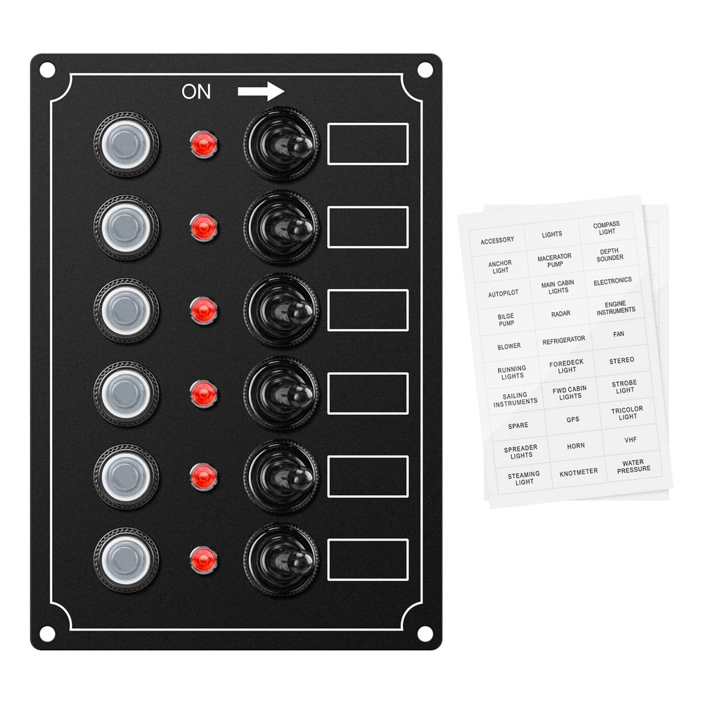 Marine Switch Panel, Haoguo 6 Gang Boat Electrical Panel with Breaker, IP67 Waterproof, Applicable to Boats Yachts Entertainment Boats