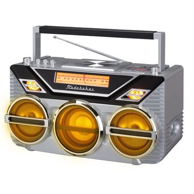 Retro Studebaker Avanti Stereo Boombox with CD, FM Stereo Radio, Bluetooth Receive and Transmit, LED Light Show and 15W Subwoofer for High Power Bass (Silver)