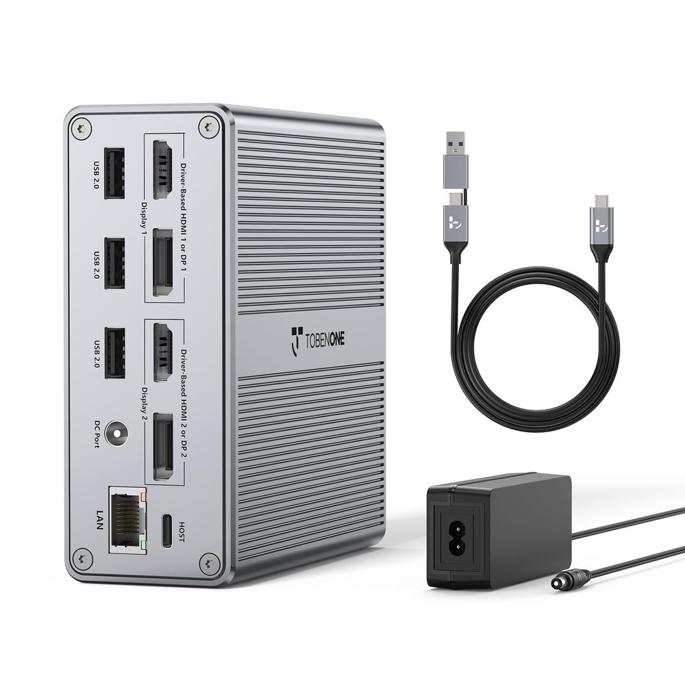 DisplayLink Docking Station Dual Monitor 4K@60HZ for MacBook, Windows, TobenONE Universal Mac mini M4 Dock with 2 HDMI & 2 DP, 65W Power Delivery, 7 USB, USB-C 3.1, Ethernet, SD/TF