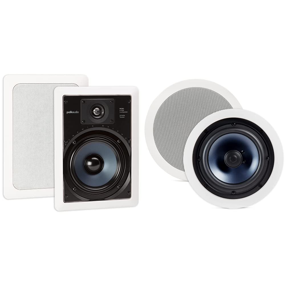 Polk Audio RC65i 2-Way Premium in-Wall 6.5" Speakers, Pair of 2 Perfect & RC80i 2-Way Premium in-Ceiling 8" Round Speakers, Set of 2 Perfect for Damp