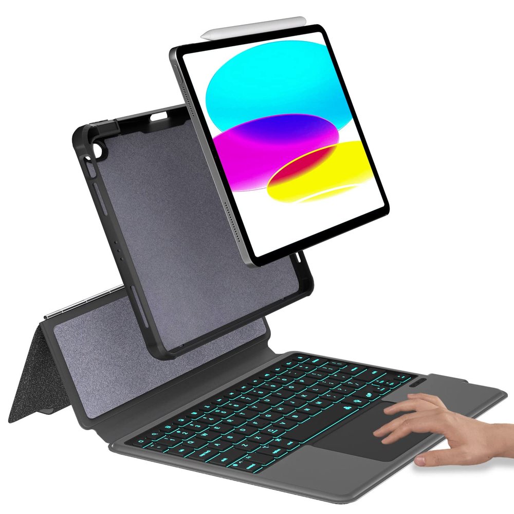 eoso Keyboard Case for iPad 10th 10.9" 2022,iPad 11" A16 11th 2025-7 Color Backlight,Touchpad Detachable Slim Cover with Pencil Holder (Black)