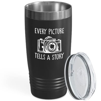 Photographer Black Viking Tumbler 20oz - Every Picture Tells A Story - Photography Camera Optical DSLR Professional Capturing Portrait Shoot