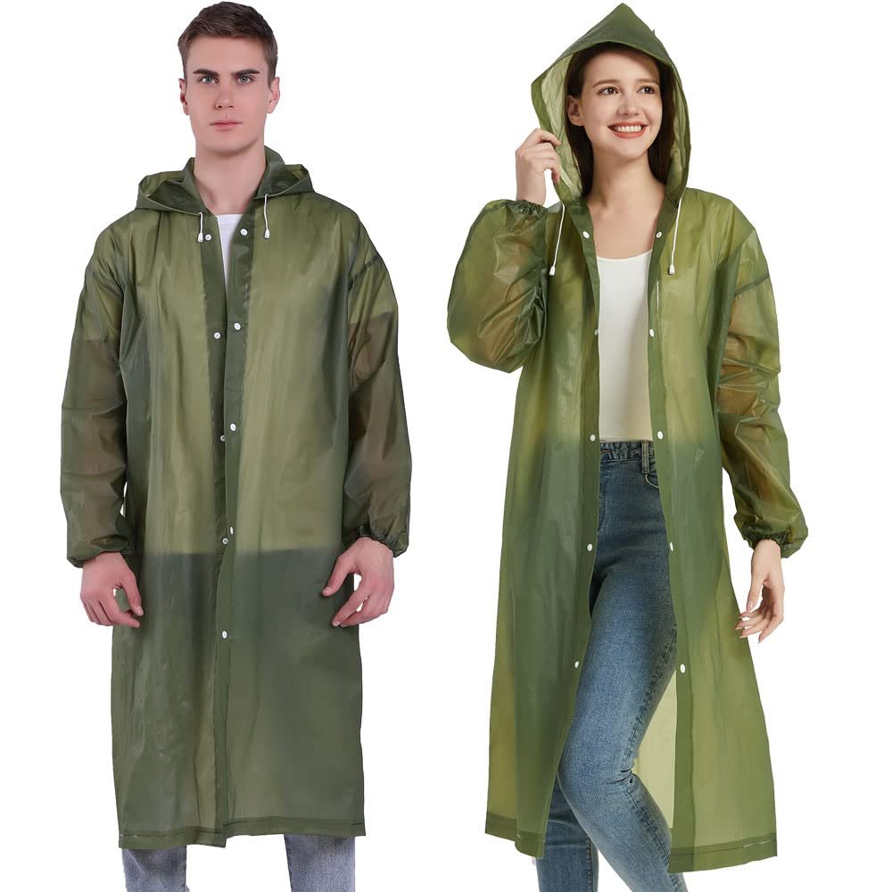 YDYJKI 2 Pack Waterproof Rain Ponchos for Adults-Reusable Emergency Raincoats with Hoodand Drawstring -LightweightPonchos for Women and Men (Army Green)