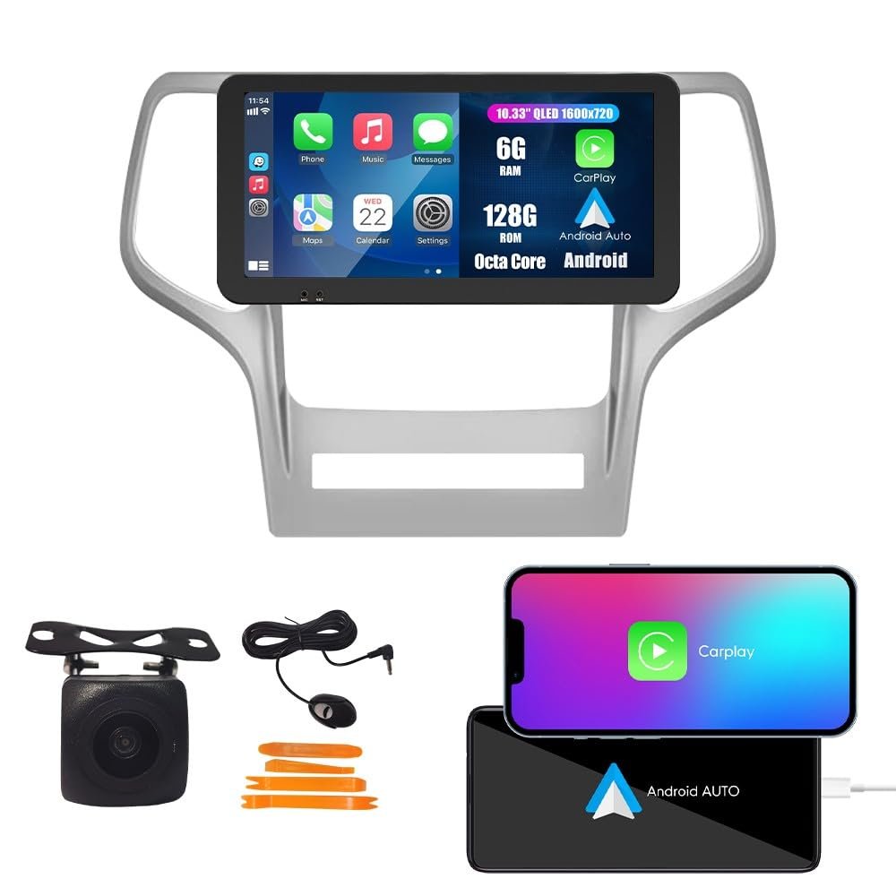 Kunfine CarPlay Android Auto Navigation Stereo GPS Radio Reverse Camera Display 10.33" QLED Touchscreen Headunit Tablet Pad Media Player for Jeep Grand Cherokee 11-13, if Applicable Octa Core 6G+128G