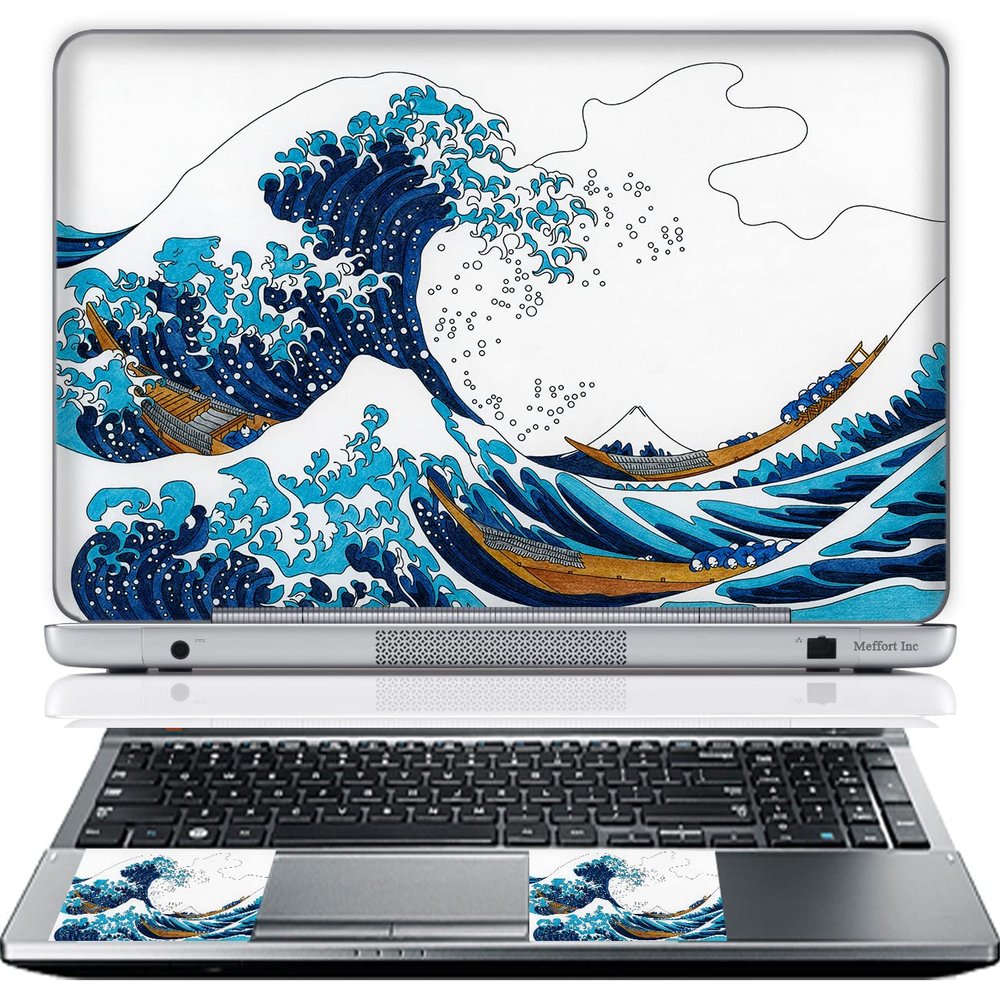 Meffort Inc Personalized Laptop Skin Sticker Cover Art Decal with Wrist Pad, Customize Your Text (14-14.5 Inch, Great Waves)