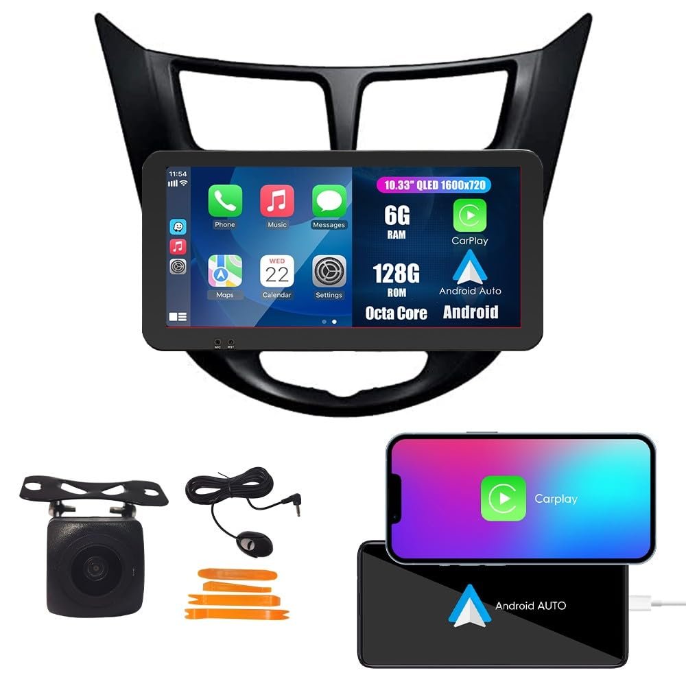 Kunfine Car CarPlay Android Auto Navigation Stereo GPS Radio Display 10.33" QLED Touchscreen Headunit Tablet Media Player for Hyundai Accent 12-17, if Applicable Octa Core 6G+128G Black