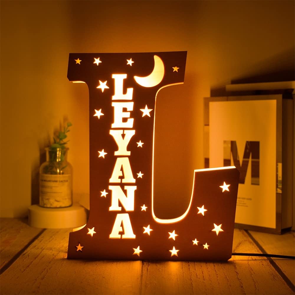 YGM Custom Name Wall Decor LED Wall Lamp Personalized Letter Night Light for Wall Decor Custom Wooden Engraved Name Night Light 26 Letters for Couples Baby Kids Bedroom Custom Wooden Lamp