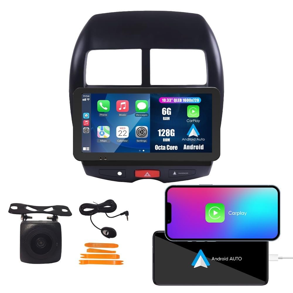Kunfine CarPlay Android Auto Navigation Stereo GPS Radio Reverse Camera Display 10.33" QLED Touchscreen Headunit Tablet Pad Media Player for Mitsubishi ASX 2010-2019, if Applicable Octa Core 6G+128G