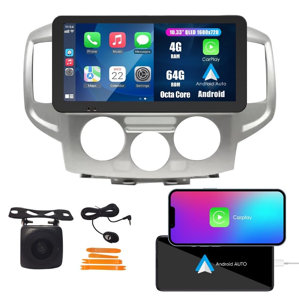 Kunfine Car CarPlay Android Auto Navigation Stereo GPS Radio Reverse Camera Display 10.33" QLED Touchscreen Headunit Tablet Pad Media Player for Nissan Nv200 2009-2019, if Applicable Octa Core 4G+64G