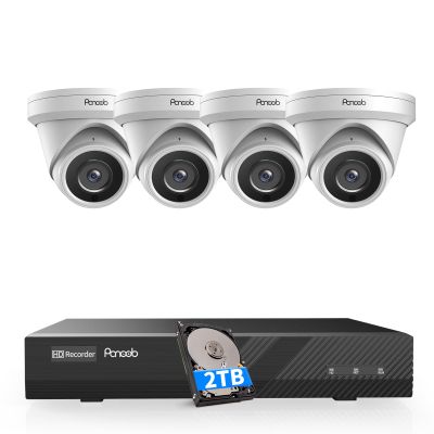 PANOOB 4K POE Security Camera System, 4PCS PoE Wired Turret 4K Cameras with Person Vehicle Detection,Wide Angle,Built-in Micphone, 4K/8MP 8 Channel NVR with 2TB HDD, 100Ft IR Night Vision,PD0408-4K
