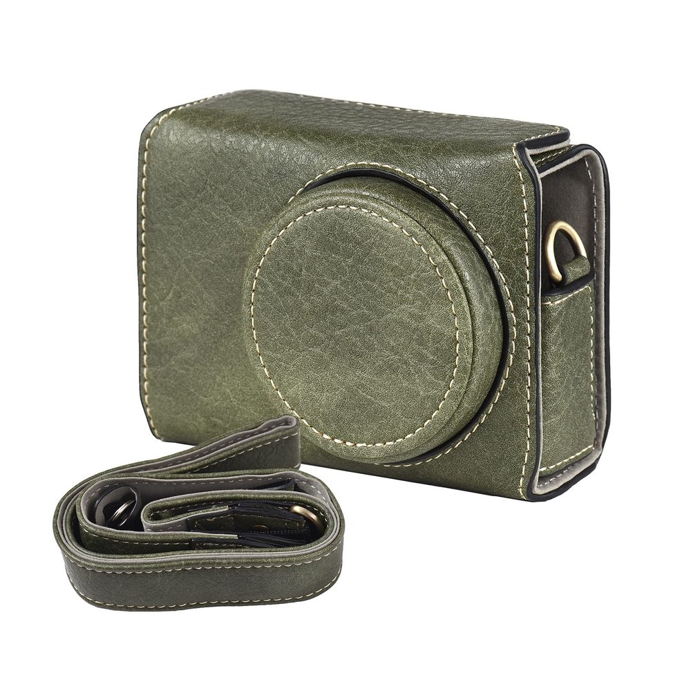 Andoer Portable Camera Case PU Leather Camera Carrying Bag with Shoulder Strap Replacement for Ricoh GR3 GR III / GR3X Camera, Green, Black/White