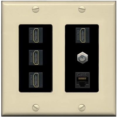 RiteAV 4 Port HDMI 1 Coax Cable TV- F-Type 1 Cat6 Ethernet Wall Plate - 2 Gang [Ivory/Black]