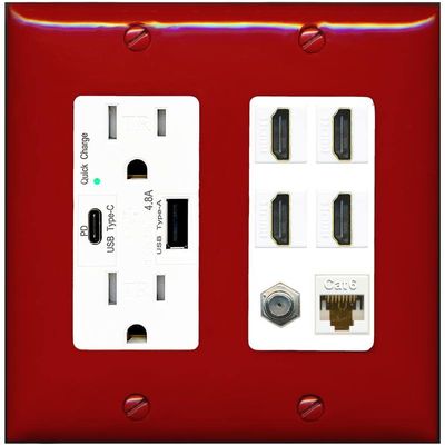 RiteAV - 4 Port HDMI 1 Coax Cable TV- F-Type 1 Cat6 Ethernet Wall Plate - (USB A+C Outlet-Red/White)