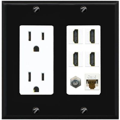 RiteAV 4 Port HDMI 1 Coax Cable TV- F-Type 1 Cat6 Ethernet Wall Plate - Outlet [Black/White]