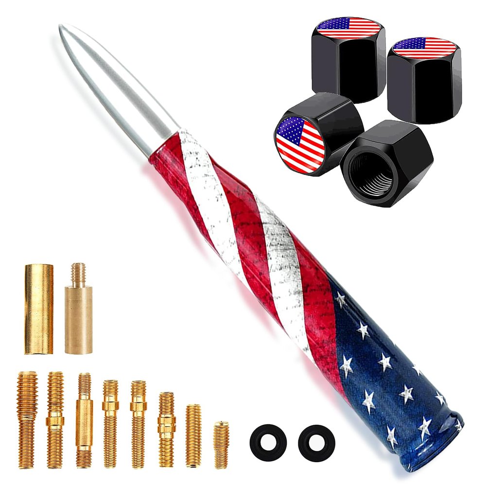 Car Truck Bullet Antenna with Valve Stem Caps for F150 F250 F350 Super Duty Raptor Dodge Ram Silverado 1500 2500 3500,Pickup Jeep AccessoriesSilver - American Flag Design-Car wash Safe