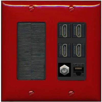 RiteAV 4 Port HDMI 1 Coax Cable TV- F-Type 1 Cat6 Ethernet Wall Plate - Brush [Red/Black]