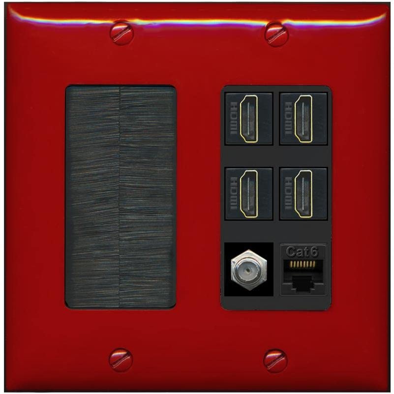 RiteAV 4 Port HDMI 1 Coax Cable TV- F-Type 1 Cat6 Ethernet Wall Plate - Brush [Red/Black]
