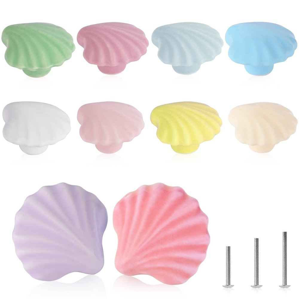 OctinPris 10x Colorful Cute Glossy Ceramic Knobs Seashell Shape Lovely Door Pull Knob Cabinet Closet Ceramic Drawer Cupboard Kitchen Dresser Kids Child Bedroom Pulls Wardrobe Handles