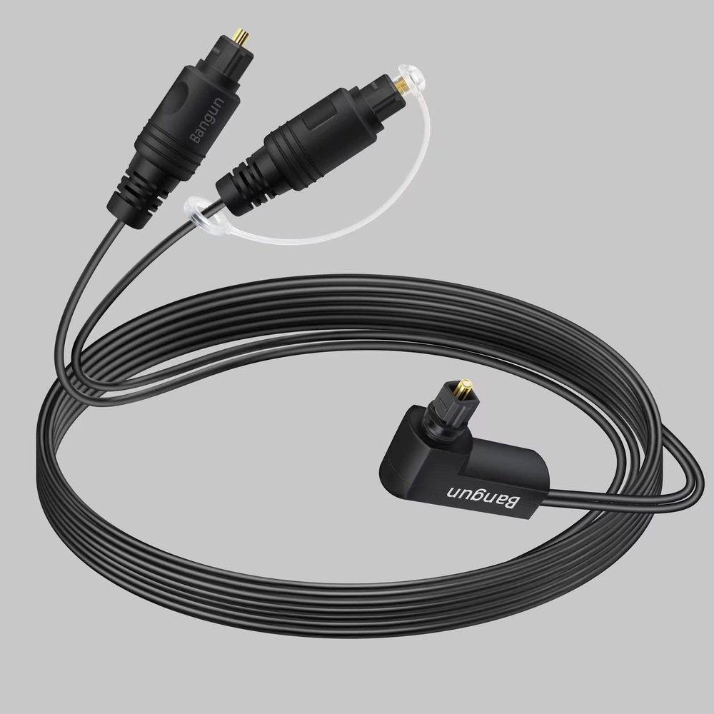 Bangun 90 Degree Optical Audio Splitter 1 in 2 Out Cable, Digital Toslink Fiber Optical Splitter Audio Adapter Cable (1 Male Input 2 Male Output) for TV, Soundbar, 10ft