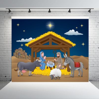 BELECO 9x6ft Fabric Cartoon Christmas Nativity Backdrop Holy Night Stars Mary Joseph Birth of Jesus Manger Nativity Scene Background Nativity Party Decor Banner Religious Christianity Photo Props