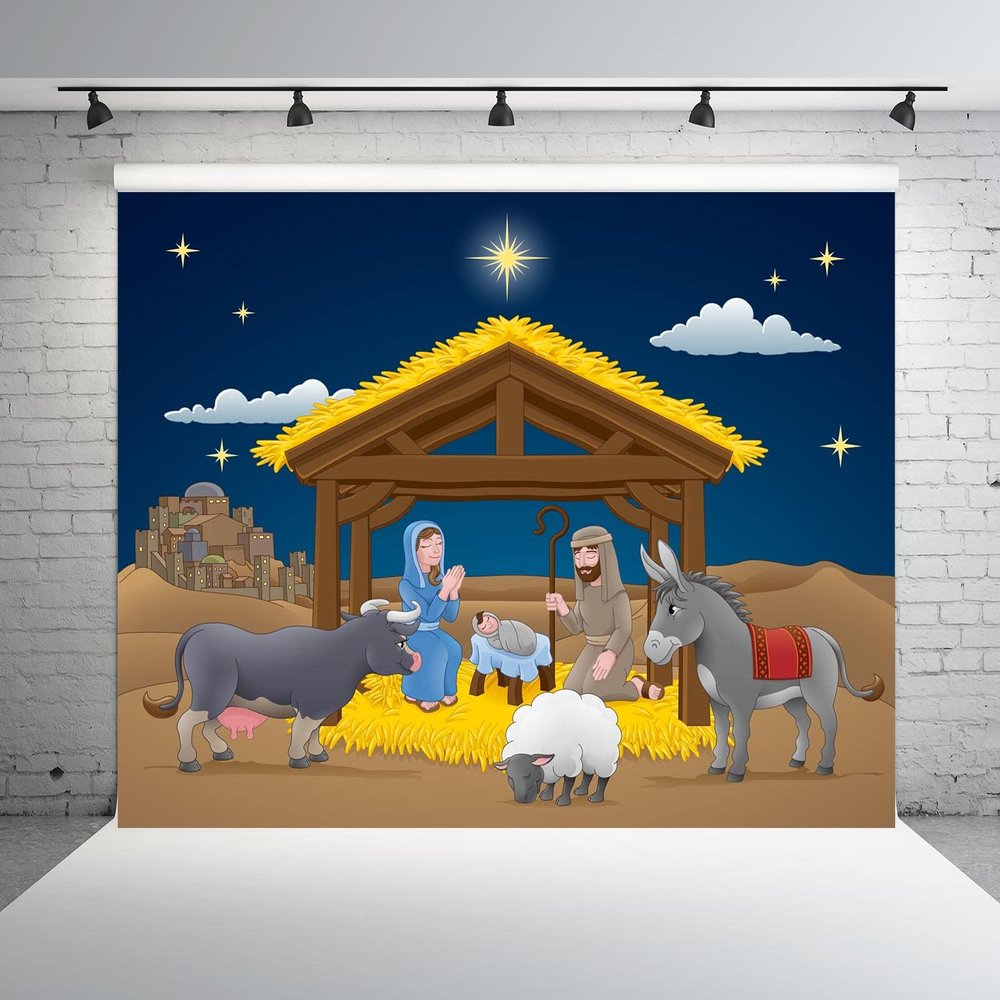 BELECO 9x6ft Fabric Cartoon Christmas Nativity Backdrop Holy Night Stars Mary Joseph Birth of Jesus Manger Nativity Scene Background Nativity Party Decor Banner Religious Christianity Photo Props