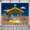 BELECO 9x6ft Fabric Cartoon Christmas Nativity Backdrop Holy Night Stars Mary Joseph Birth of Jesus Manger Nativity Scene Background Nativity Party Decor Banner Religious Christianity Photo Props view 4