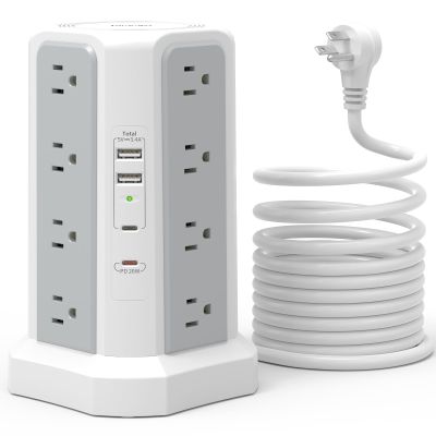 Surge Protector Power Strip with PD20W USB C,13A Thicker Extension Cord with Multiple Outlets 6FT Fararaka Tower Power Strip with USB Ports 2A2C,16AC,Office Supplies Dorm Essentials