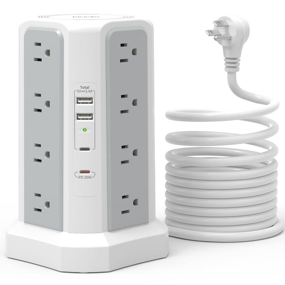 Surge Protector Power Strip with PD20W USB C,13A Thicker Extension Cord with Multiple Outlets 6FT Fararaka Tower Power Strip with USB Ports 2A2C,16AC,Office Supplies Dorm Essentials