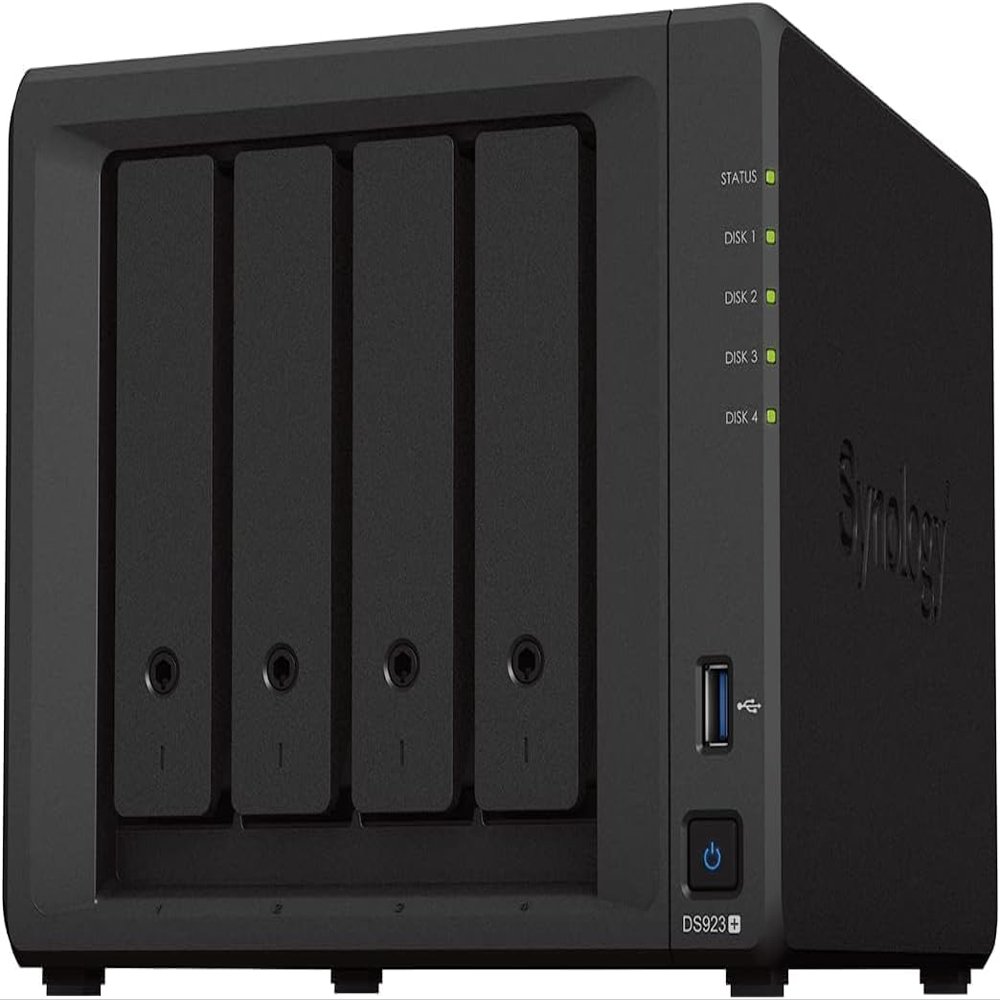 Synology DS923+ 4-Bay Diskstation NAS (AMD Ryzen 4 Threads R1600 Dual-Core 4GB Ram 2xRJ-45 1GbE LAN-Port)