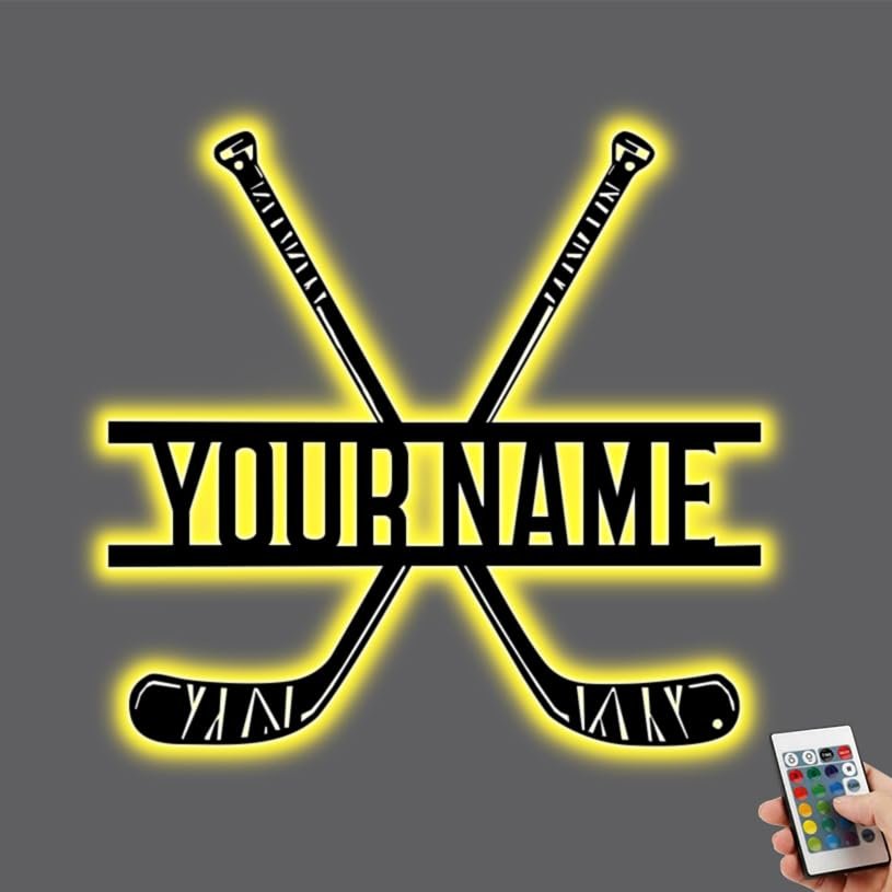 Custom Hockey Stick Night Light With Name Personalized Hockey Player Name Metal Sign Lamp Wall Art Led Lamp for Boys Kids Ice Hockey Lover Xmas Birthday Gifts Home Decor (Hockey Stick- Wood 1)