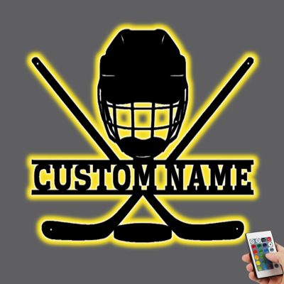 Custom Hockey Stick Night Light With Name Personalized Hockey Player Name Metal Sign Lamp Wall Art Led Lamp for Boys Kids Ice Hockey Lover Xmas Birthday Gifts Home Decor (Hockey Stick- Wood 3)