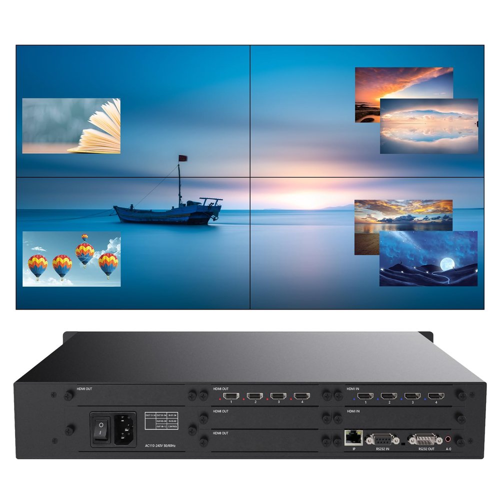ICUIXAIN HDMI Video Wall Controller 2x2 PIP Multi-View Matrix 4x4, Rs232-Web Control, EDID, RGB4:4:4, 4 Input 4 Output Seamless HDMI Matrix Switch, Card-Insertion Design, Overlay-Window-Roaming