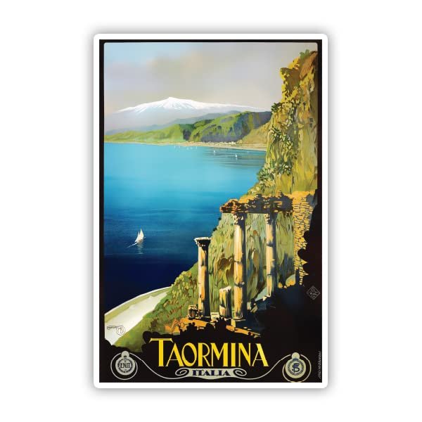 Squiddy Taormina Italia Vintage Travel - Vinyl Sticker Decal for Phone, Laptop, Water Bottle (4" high)